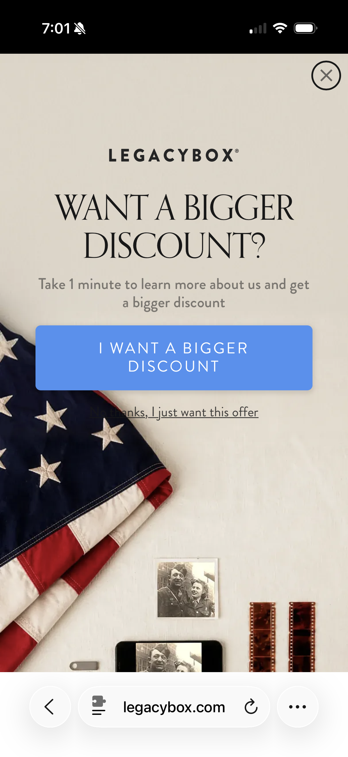 Legacybox pop-up screen 2 — phone number upsell
